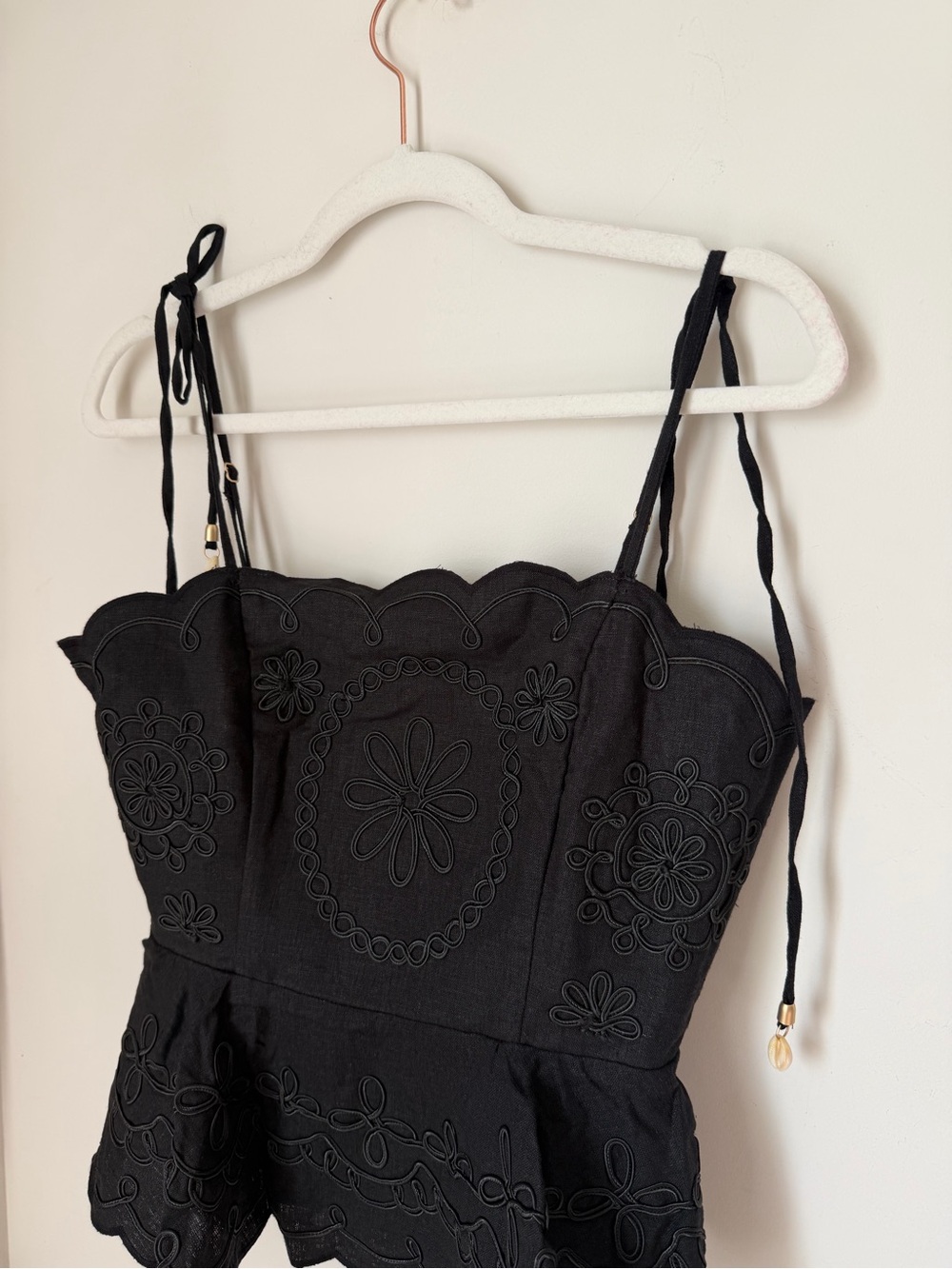 Black Embroidered Tie-Shoulder Peplum linen Tank top - Picture 3 of 7